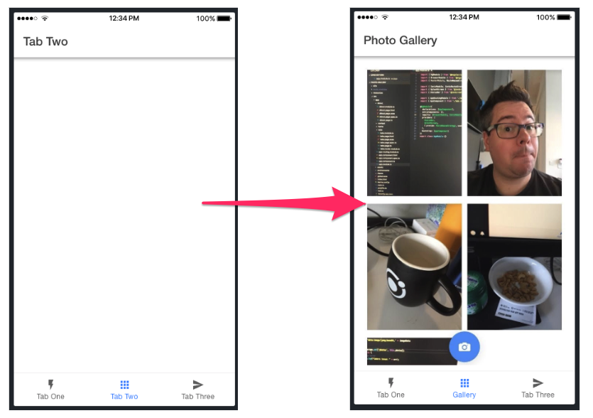 An Ionic app&#39;s transformation from a blank &#39;Tab Two&#39; to a &#39;Photo Gallery&#39; with images.